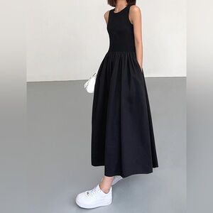 Commense Leisure Crew Neck Maxi Dress Sleeveless Black Size XL Cotton